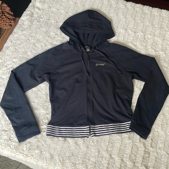 GUESS JEANS Y2K Black Zippered Hooded Jacket sweatshirt Size Medium White Stripe - Picture 2 of 11